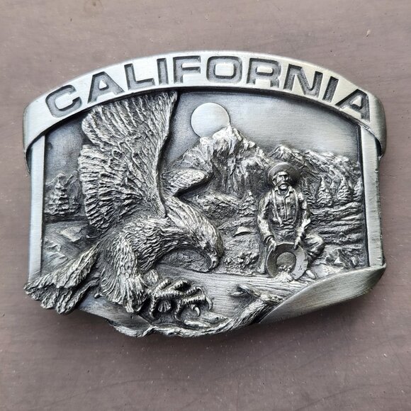 Vintage California Eagle and Prospector Pewter Belt Buckle Gold Rush Western - Picture 1 of 10